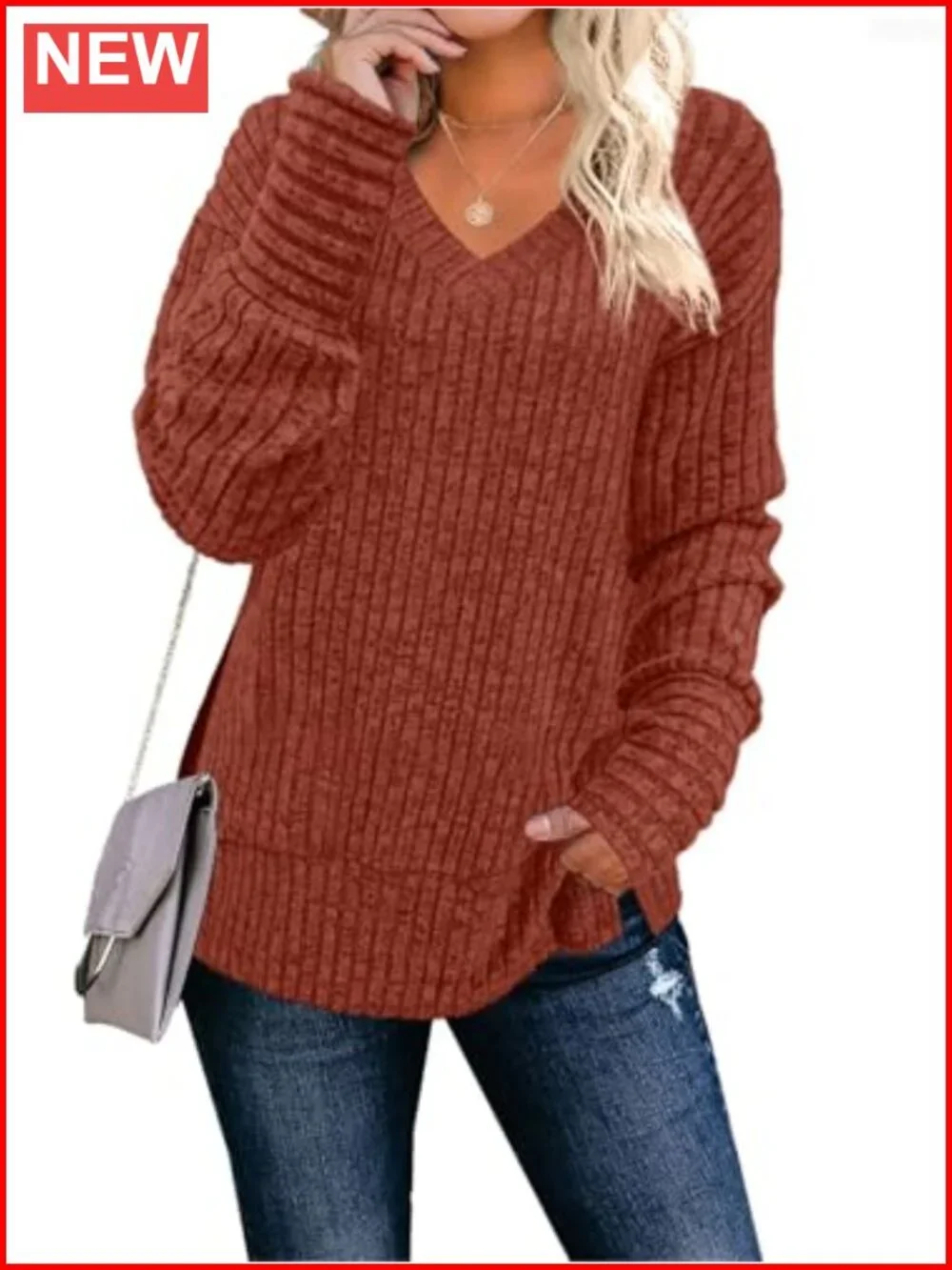 Womens Long Sleeve V Neck Sweater Loose Casual Pullover Top